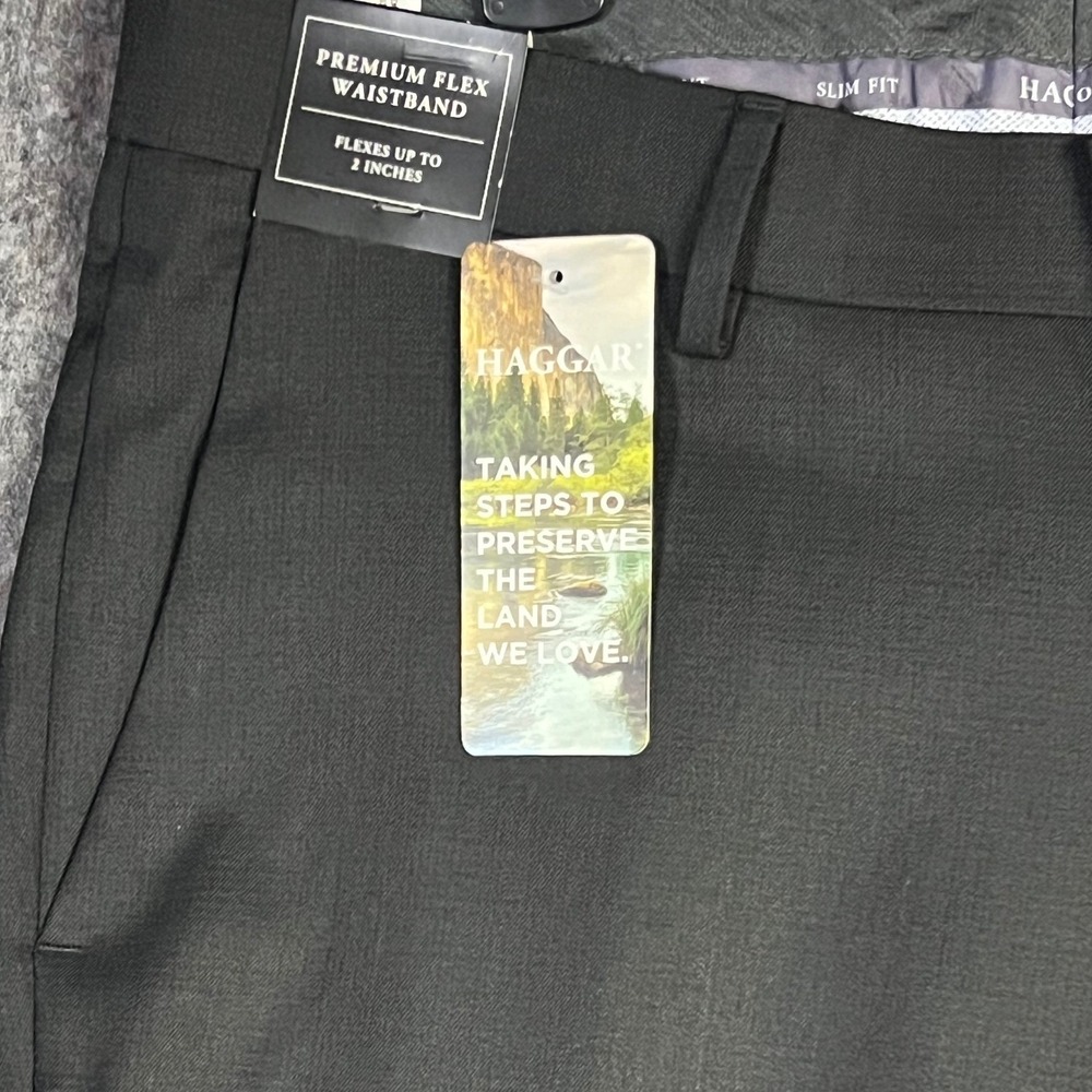 Haggar Men's Dress Pants 32x32 Slim Fit Dark Grey Houndstooth 4-Way Stretch New - Picture 2 of 8